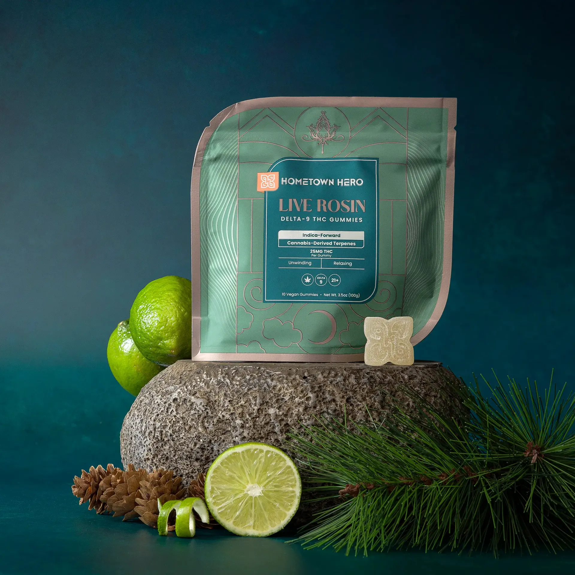 HOMETOWN HERO: UNWINDING + RELAXING DELTA 9 THC LIVE ROSIN GUMMIES (INDICA) - 250MG - Image 2