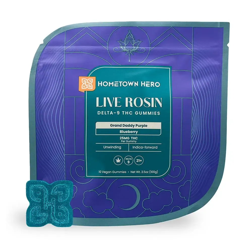 HOMETOWN HERO: BLUEBERRRY GDP DELTA 9 THC LIVE ROSIN GUMMIES (INDICA) - 250MG