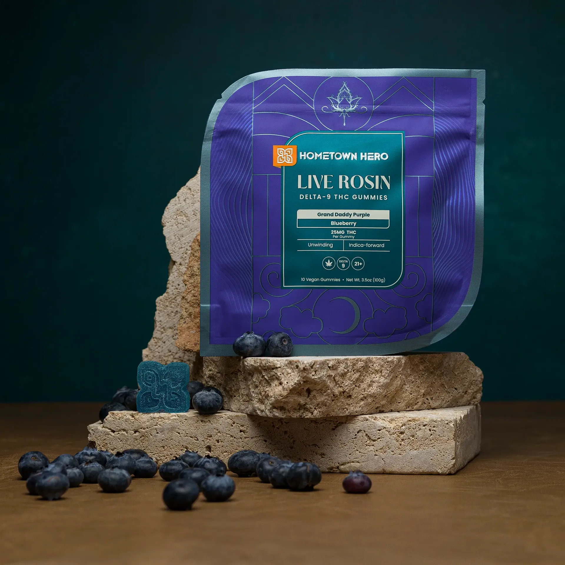 HOMETOWN HERO: BLUEBERRRY GDP DELTA 9 THC LIVE ROSIN GUMMIES (INDICA) - 250MG - Image 3